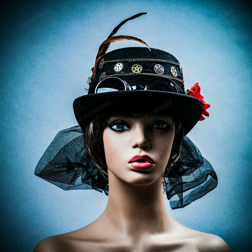 Women Steampunk Costume Party Black Hat w/ Goggles Halloween Party Head Gear Hat